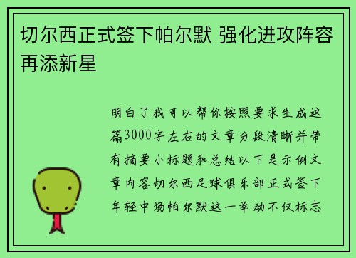 切尔西正式签下帕尔默 强化进攻阵容再添新星